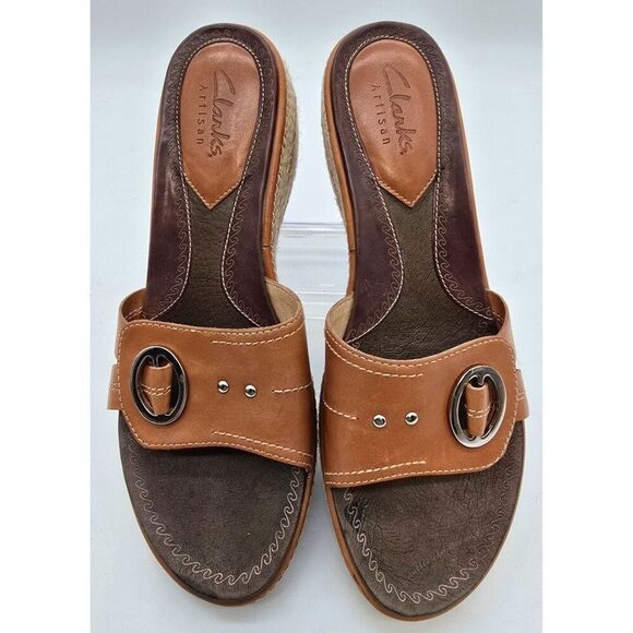 Clarks Artisan Tan Leather Buckle Wedge Sandals With Braided Espadrille Sole Wom - Picture 1 of 8